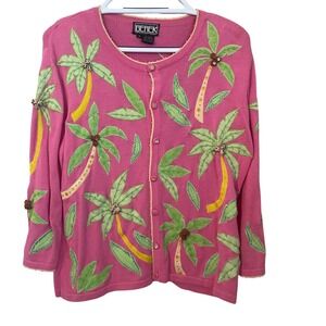 Berek by Takako Sakon Vtg 80s 90s Pink Palm Tree Beaded Cardigan Sweater Size L